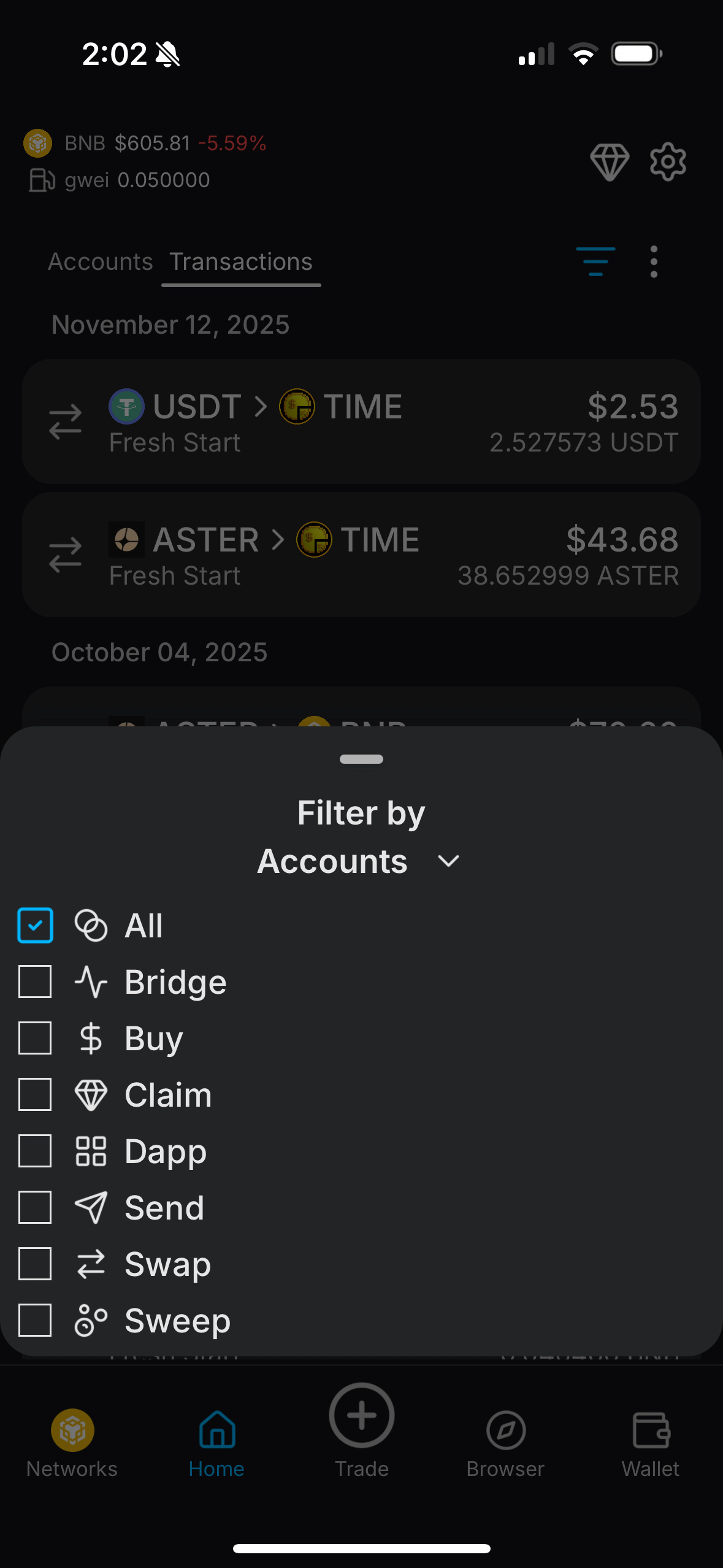 Transaction history screen